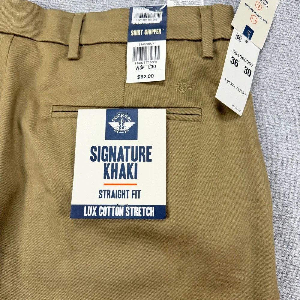 Dockers Signature Khaki Mens 36x30 Tan Straight Fit‎ Lux Cotton Stretch MSRP $62